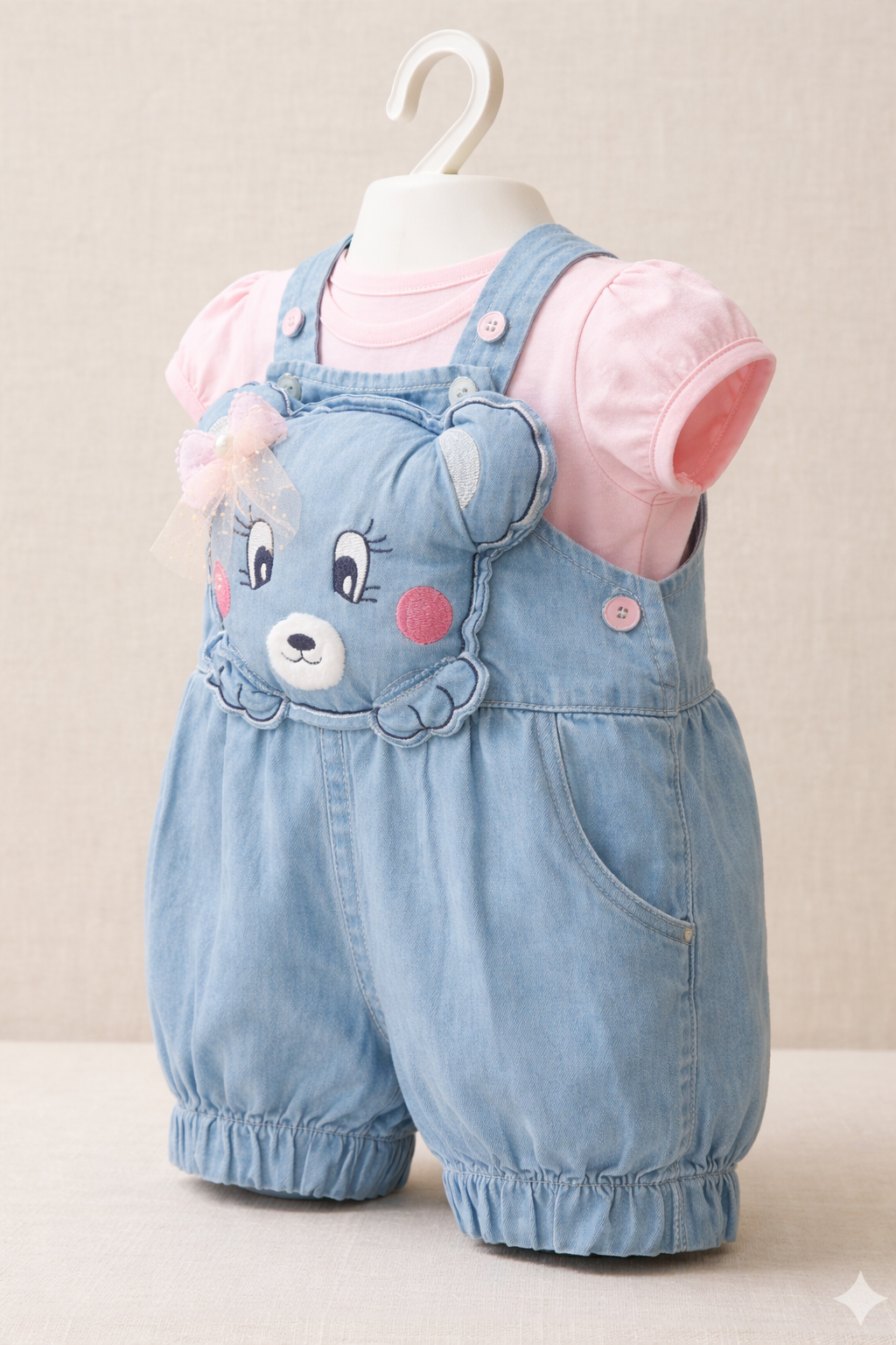 Cute Denim Bear Dungaree Set with Pink Top for Baby Girls - Image 4