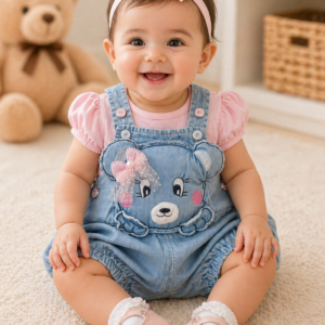 Cute Denim Bear Dungaree Set with Pink Top for Baby Girls
