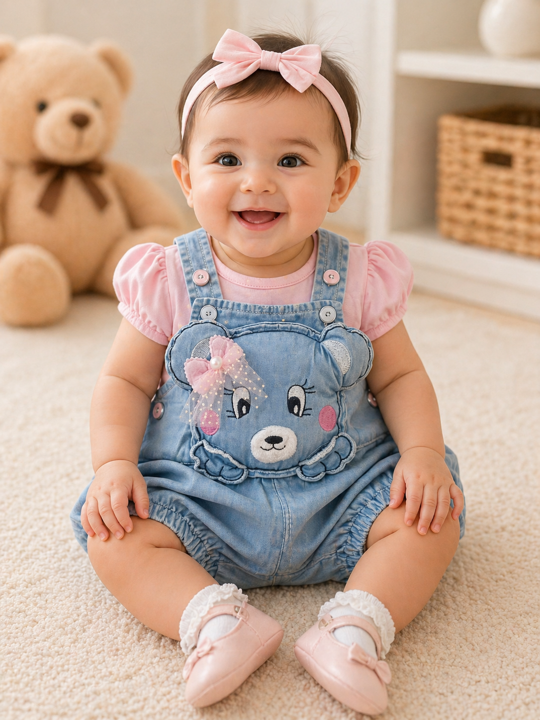 Cute Denim Bear Dungaree Set with Pink Top for Baby Girls