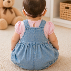 Alternative view of Cute Denim Bear Dungaree Set with Pink Top for Baby Girls