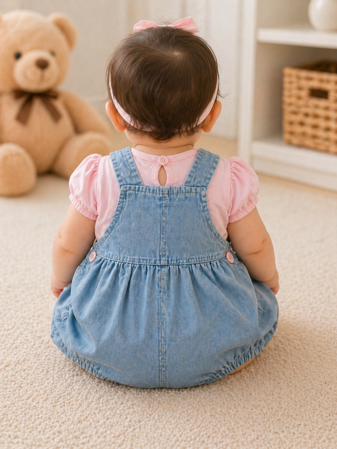 Cute Denim Bear Dungaree Set with Pink Top for Baby Girls - Image 2