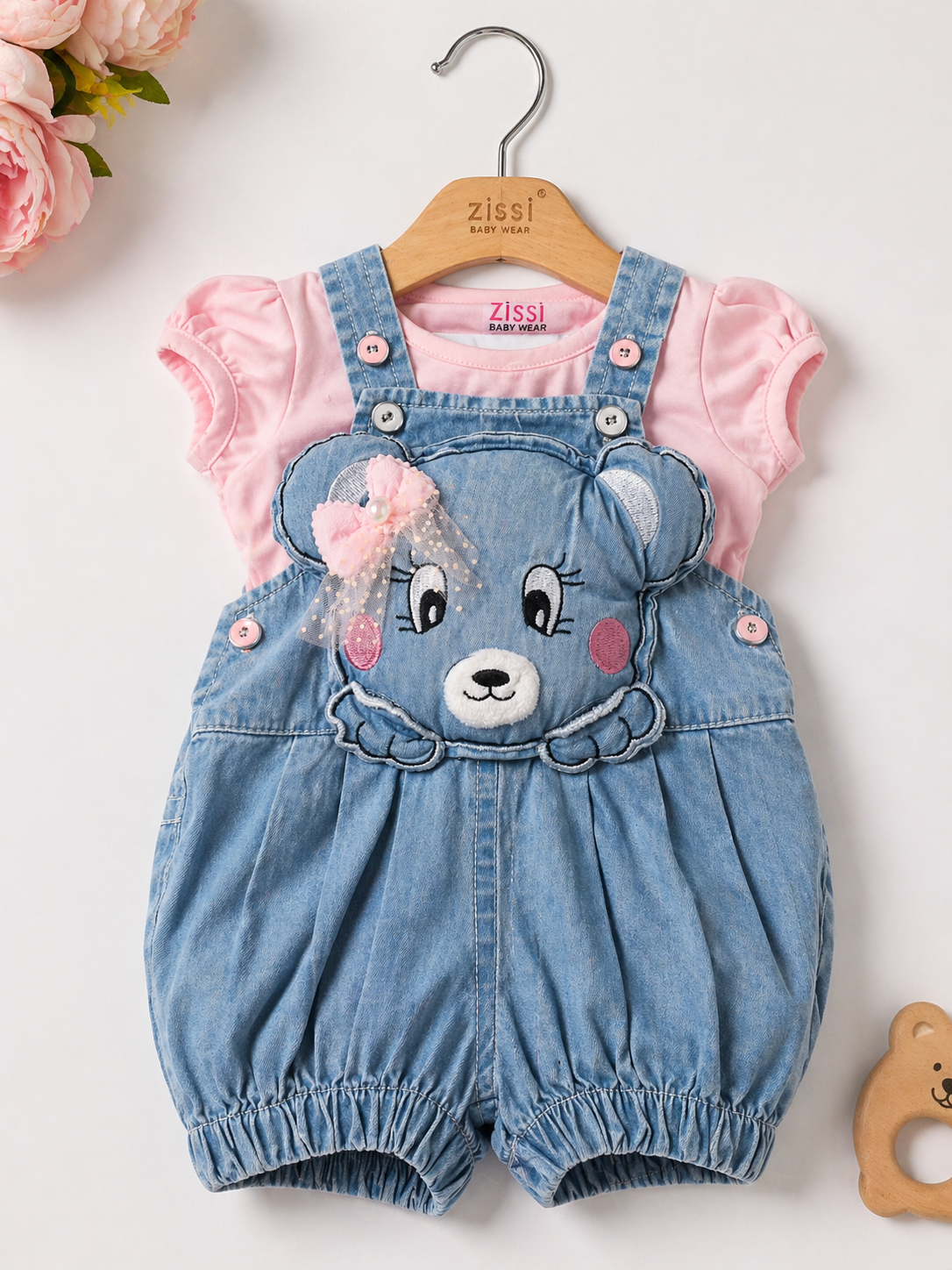 Cute Denim Bear Dungaree Set with Pink Top for Baby Girls - Image 3