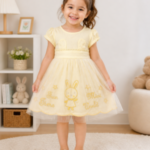 Adorable Yellow Bunny Embroidered Party Dress for Girls