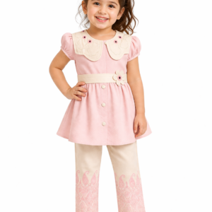 Cute Pink Tunic Top with Embroidered Pants Set for Girls