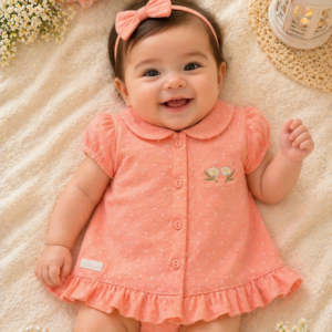 Baby Girl Peach Polka Dot Cotton Romper Dress