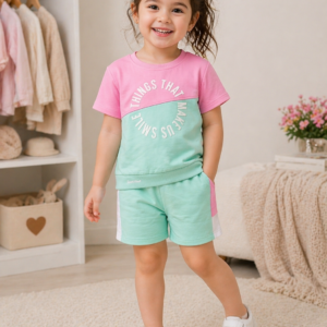 Alternative view of Cute Colorblock Cotton Co-Ord Set for Girls – Pink & Mint Green Summer Outfit