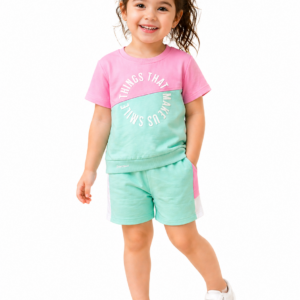 Cute Colorblock Cotton Co-Ord Set for Girls – Pink & Mint Green Summer Outfit