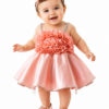 Baby Girl Peach Party Dress with 3D Floral Ruffles & Satin Flare