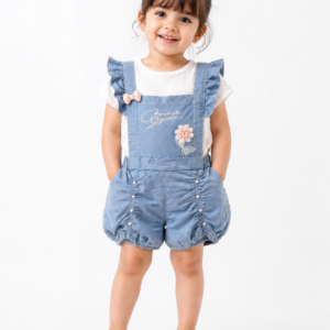 Cute Denim & Pastel Embroidered Baby Girl Dress with Sleeveless Jacket Design