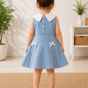 Alternative view of Charming Sky Blue Denim Dress with Peter Pan Collar for Girls