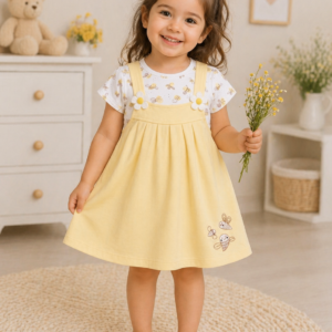 Sunny Bee Print Pinafore Dress Set for Baby Girls