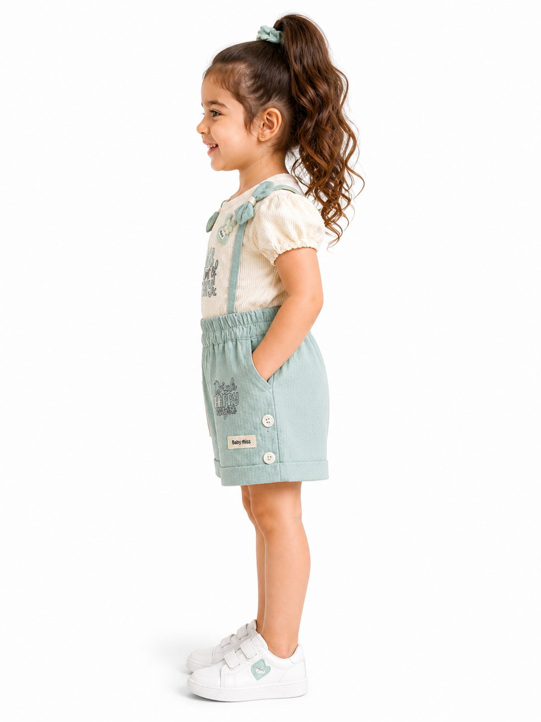Cute Mint Green Suspender Shorts Set for Girls – Puff Sleeve Top & Casual Summer Outfit - Image 4