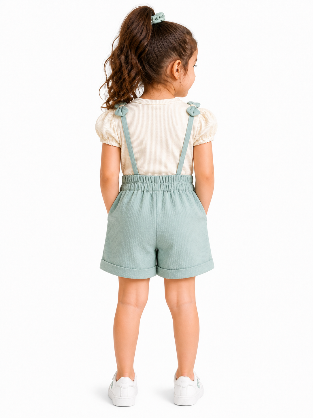 Cute Mint Green Suspender Shorts Set for Girls – Puff Sleeve Top & Casual Summer Outfit - Image 3