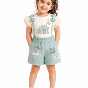 Cute Mint Green Suspender Shorts Set for Girls – Puff Sleeve Top & Casual Summer Outfit