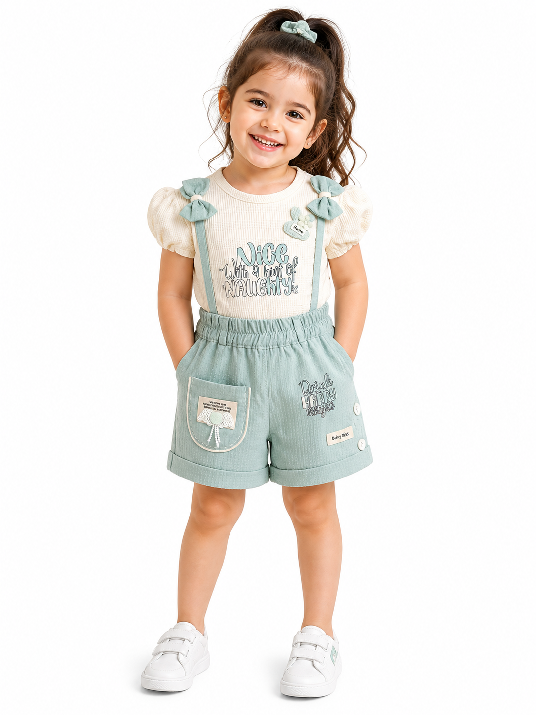 Cute Mint Green Suspender Shorts Set for Girls – Puff Sleeve Top & Casual Summer Outfit