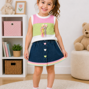 Stylish Baby Girls 3-Piece Outfit Set – Color Block Top, Denim Skirt & Bloomers