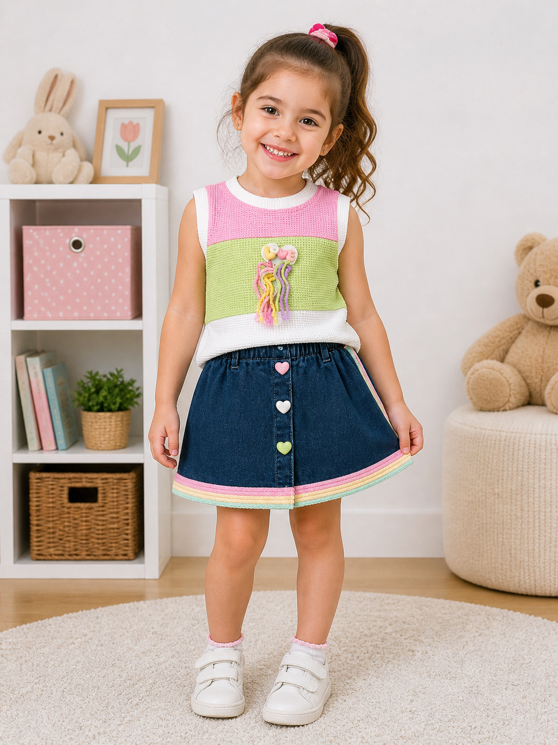 Stylish Baby Girls 3-Piece Outfit Set – Color Block Top, Denim Skirt & Bloomers
