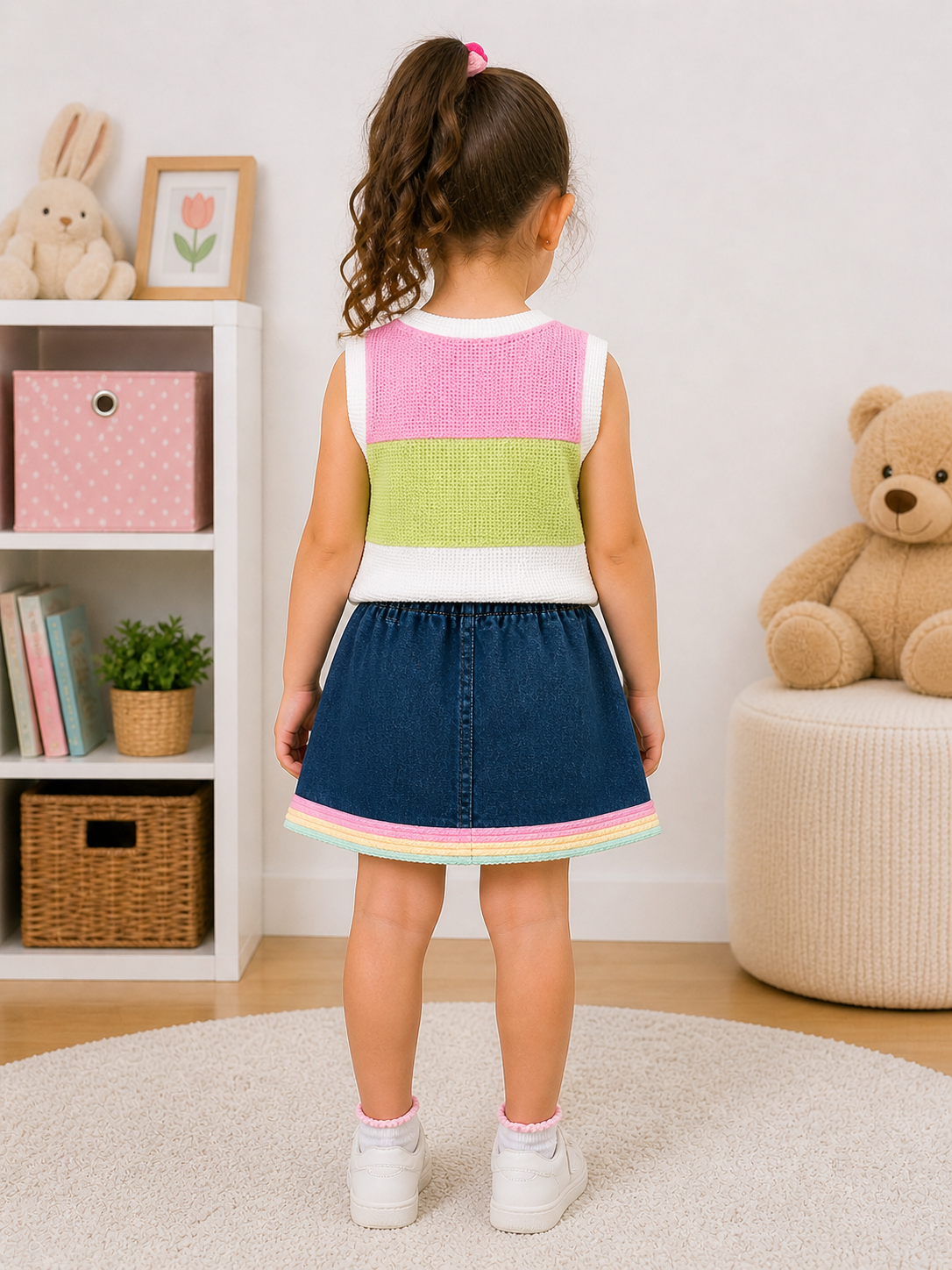 Stylish Baby Girls 3-Piece Outfit Set – Color Block Top, Denim Skirt & Bloomers - Image 4