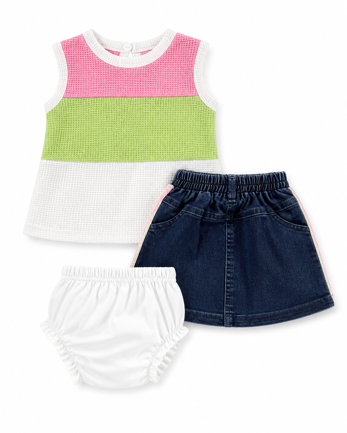 Stylish Baby Girls 3-Piece Outfit Set – Color Block Top, Denim Skirt & Bloomers - Image 3