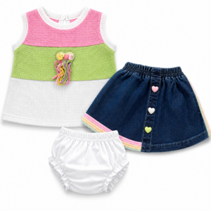 Alternative view of Stylish Baby Girls 3-Piece Outfit Set – Color Block Top, Denim Skirt & Bloomers