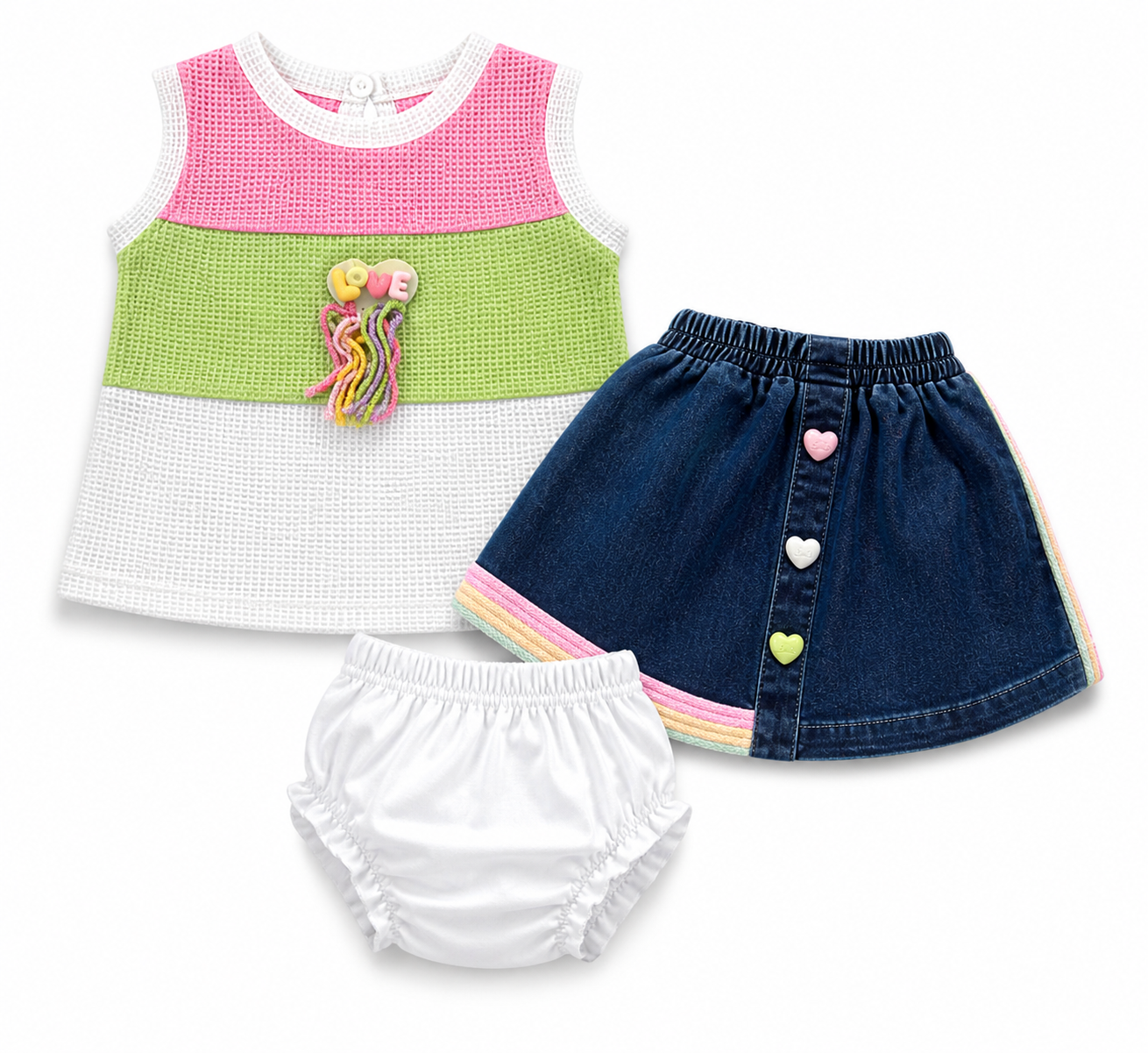 Stylish Baby Girls 3-Piece Outfit Set – Color Block Top, Denim Skirt & Bloomers - Image 2