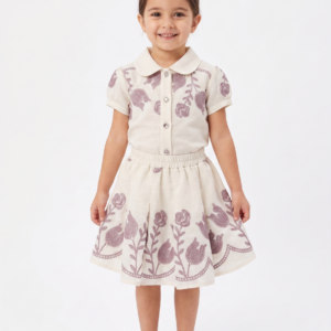 Elegant Floral Embroidered Co-Ord Set for Girls – Classic Collar Top & Skirt