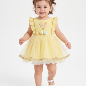 Infant & Toddler Girl’s Lemon Sorbet Tulle Party Dress – Ruffle Shoulder Sun Dress with Matching Bloomers