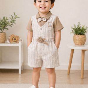 Elegant Beige Striped Kids Formal Dungaree Set with Bow Tie