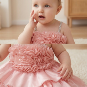Alternative view of Baby Girl Peach Party Dress with 3D Floral Ruffles & Satin Flare