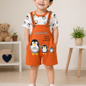 Cute Penguin Print Dungaree Set for Kids – Orange Cartoon Co-Ord Outfit