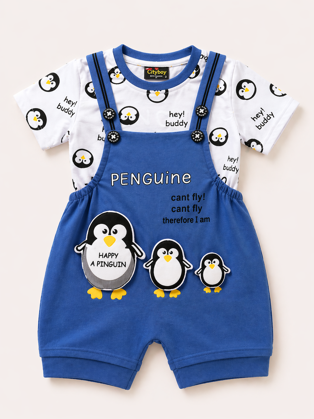 Cute Penguin Print Dungaree Set for Kids – Blue Cartoon Co-Ord Outfit - Image 5