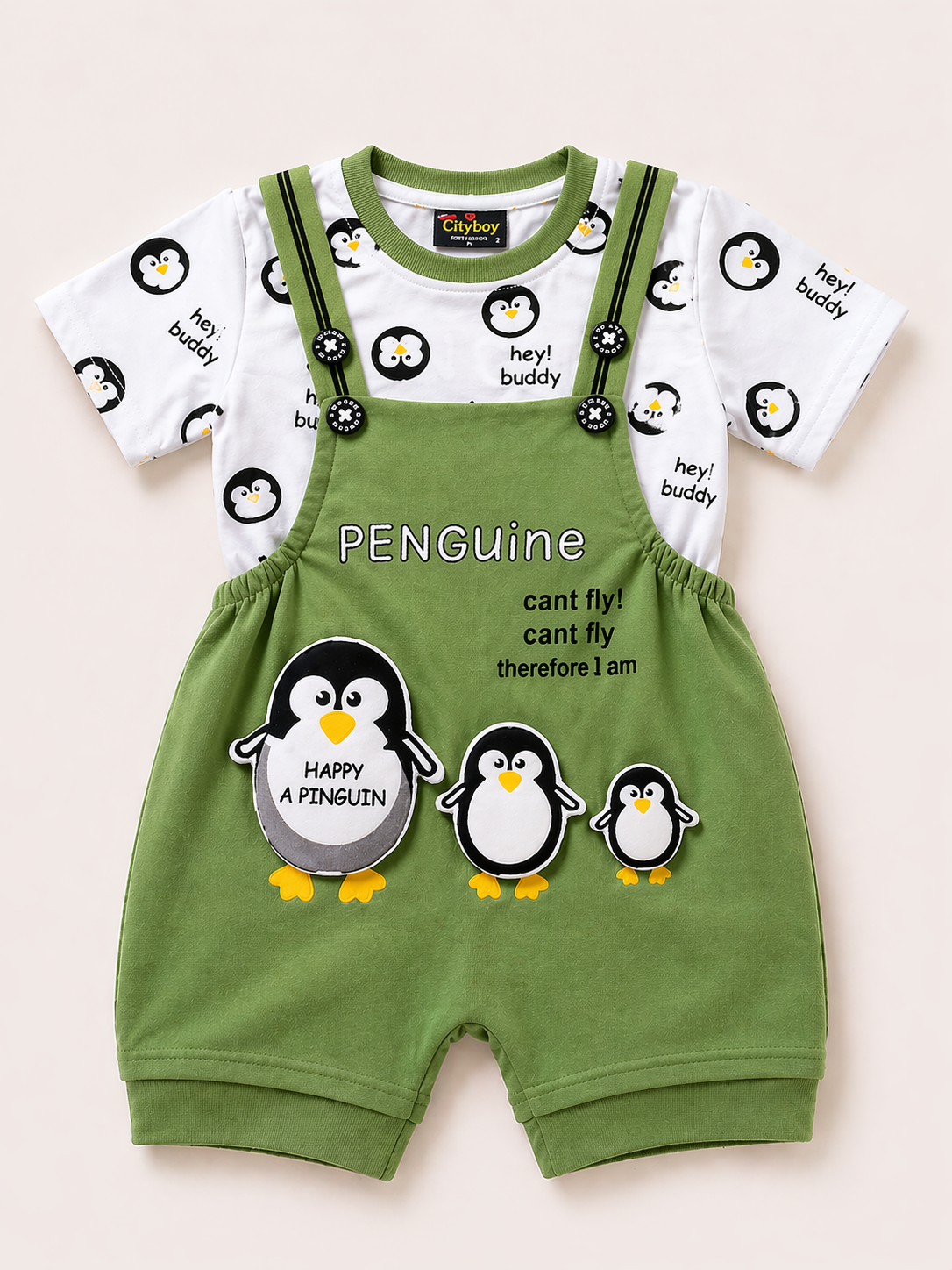 Cute Penguin Print Dungaree Set for Kids – Green Cartoon Co-Ord Outfit - Image 5