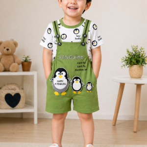 Cute Penguin Print Dungaree Set for Kids – Green Cartoon Co-Ord Outfit