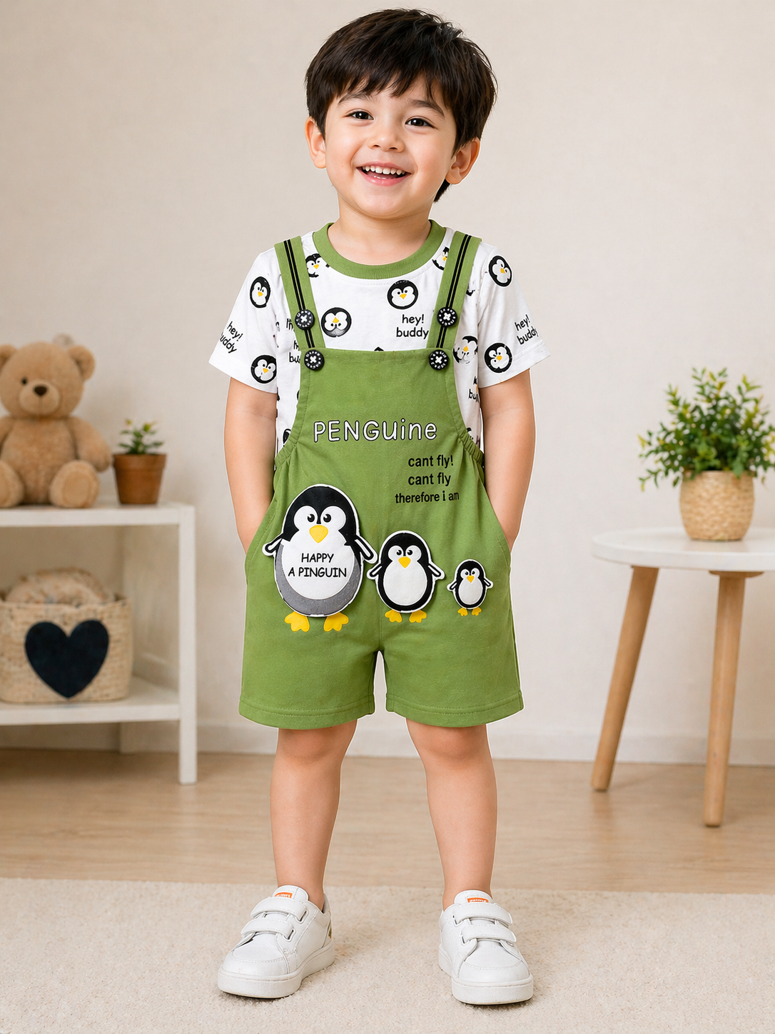 Cute Penguin Print Dungaree Set for Kids – Green Cartoon Co-Ord Outfit