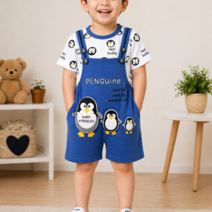 Cute Penguin Print Dungaree Set for Kids – Blue  Cartoon Co-Ord Outfit