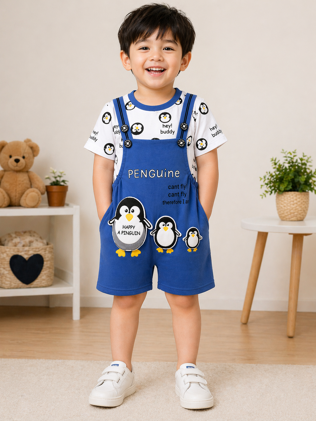 Cute Penguin Print Dungaree Set for Kids – Blue Cartoon Co-Ord Outfit