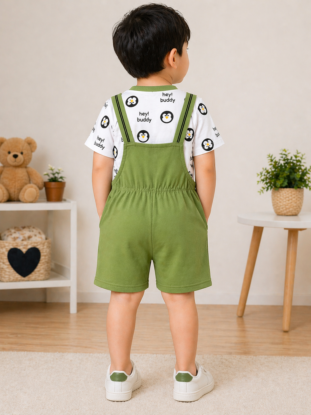 Cute Penguin Print Dungaree Set for Kids – Green Cartoon Co-Ord Outfit - Image 3