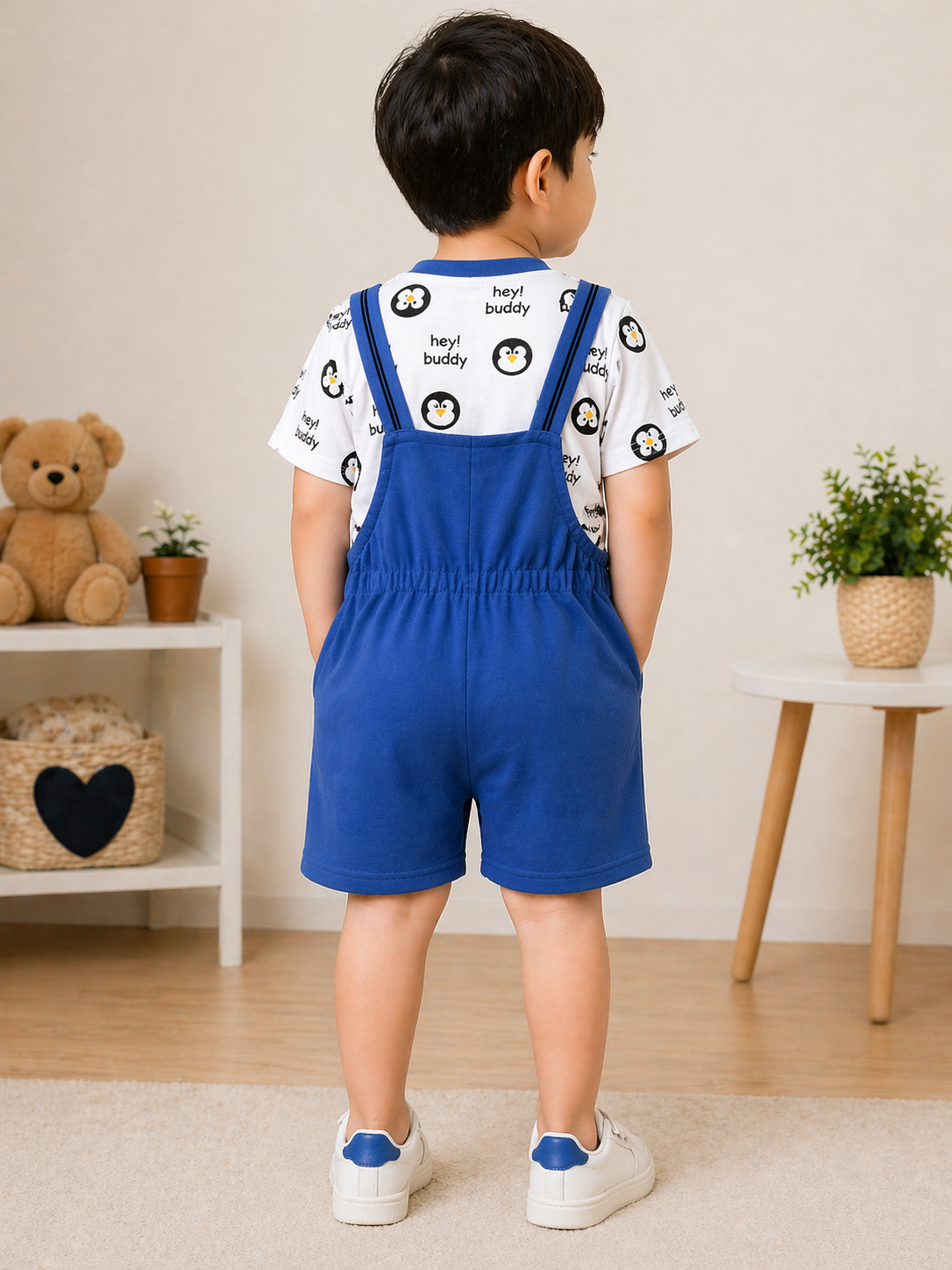 Cute Penguin Print Dungaree Set for Kids – Blue Cartoon Co-Ord Outfit - Image 3