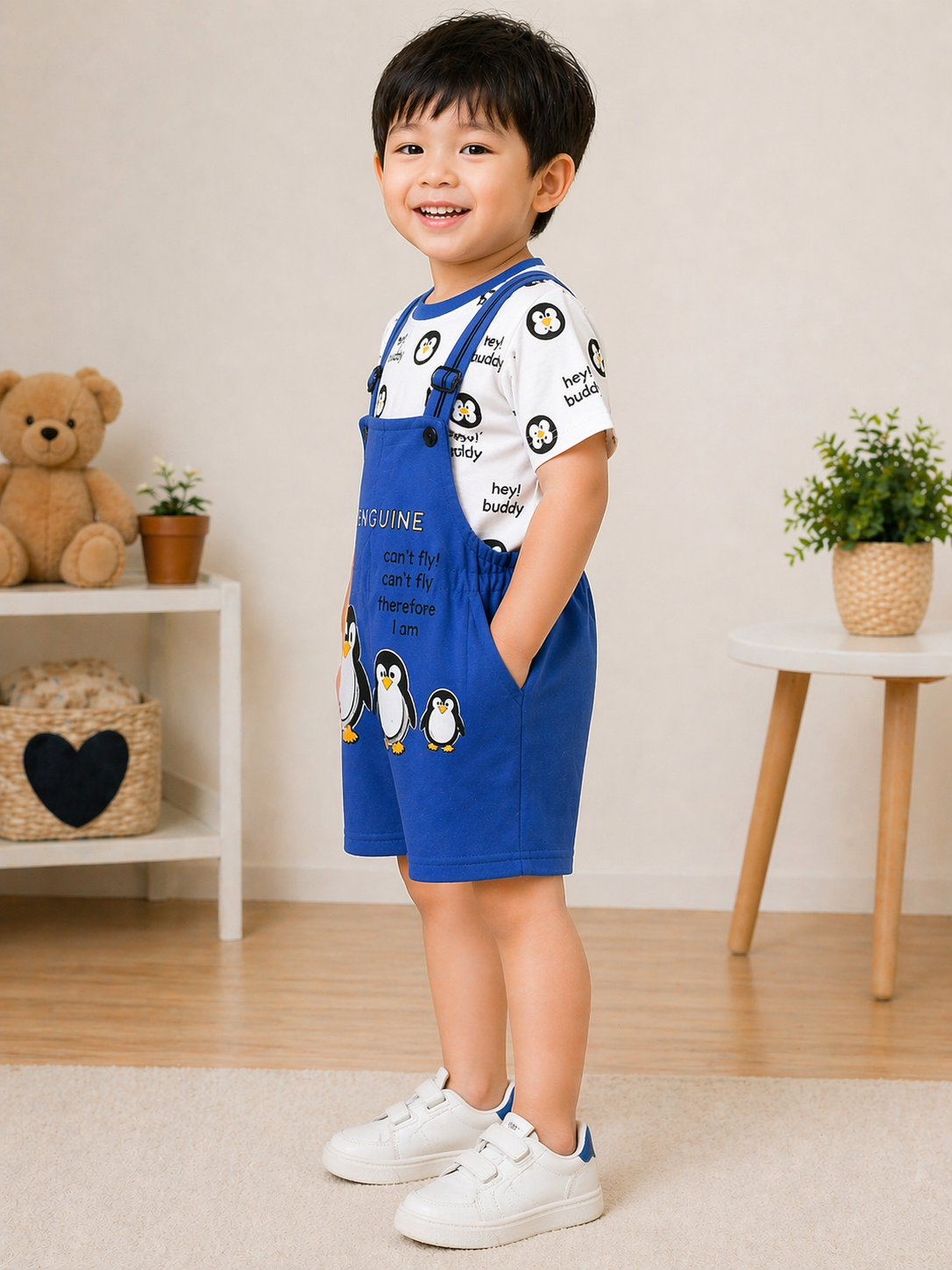 Cute Penguin Print Dungaree Set for Kids – Blue Cartoon Co-Ord Outfit - Image 4