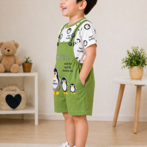 Alternative view of Cute Penguin Print Dungaree Set for Kids – Green Cartoon Co-Ord Outfit