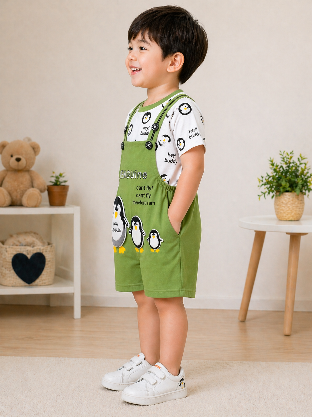 Cute Penguin Print Dungaree Set for Kids – Green Cartoon Co-Ord Outfit - Image 2