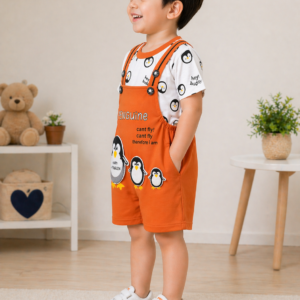 Alternative view of Cute Penguin Print Dungaree Set for Kids – Orange Cartoon Co-Ord Outfit