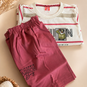 Alternative view of Trendy Boys Casual Co-Ord Set – Striped Graphic T-Shirt with Pink Shorts