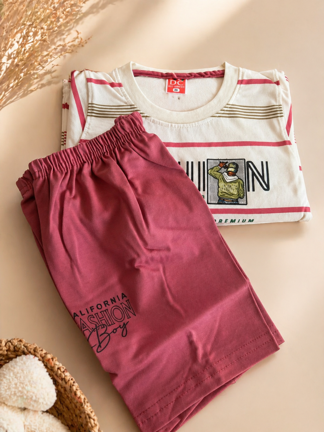 Trendy Boys Casual Co-Ord Set – Striped Graphic T-Shirt with Pink Shorts - Image 2