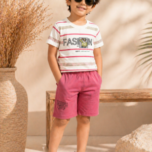 Trendy Boys Casual Co-Ord Set – Striped Graphic T-Shirt with Pink Shorts