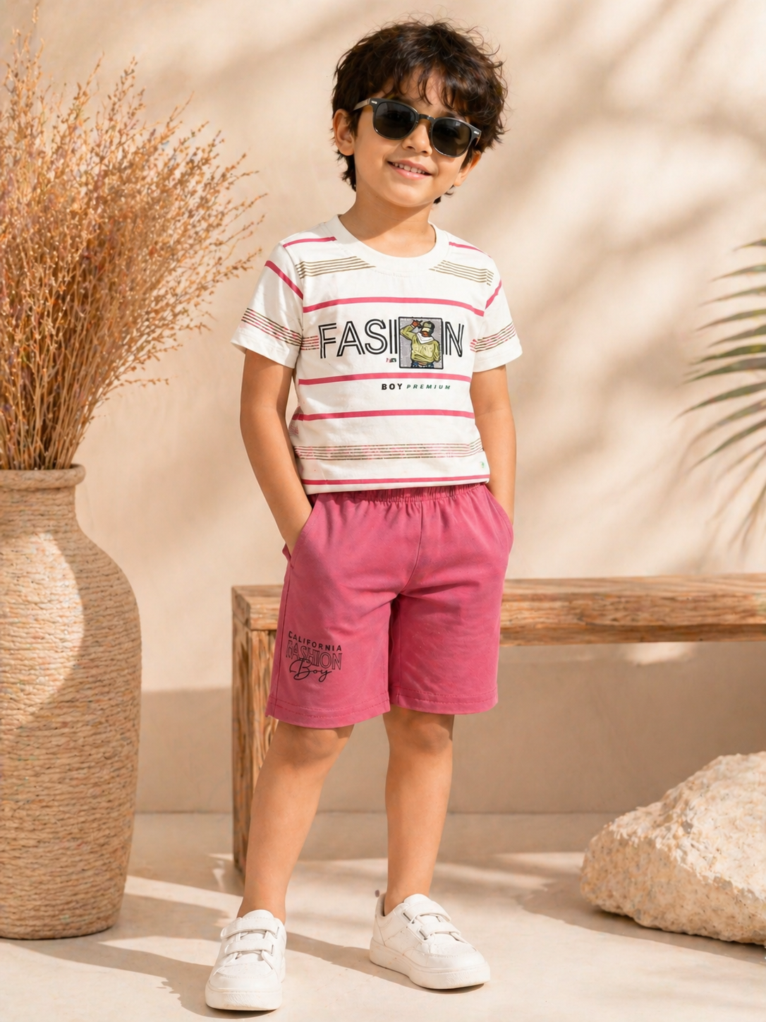Trendy Boys Casual Co-Ord Set – Striped Graphic T-Shirt with Pink Shorts