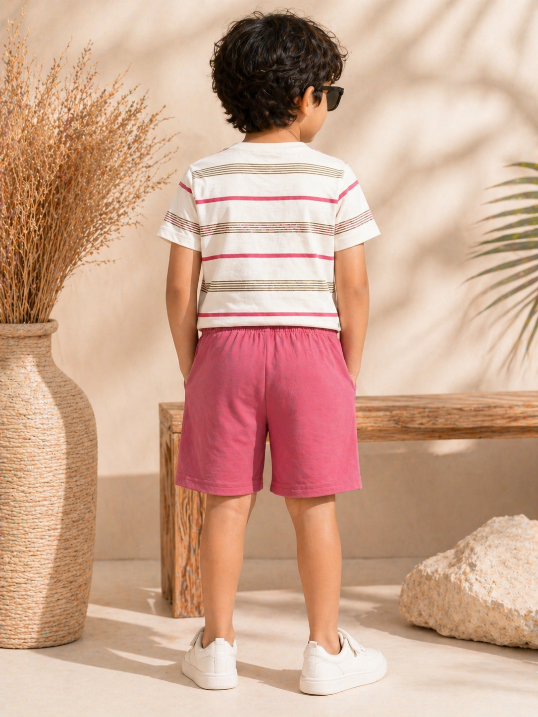 Trendy Boys Casual Co-Ord Set – Striped Graphic T-Shirt with Pink Shorts - Image 4