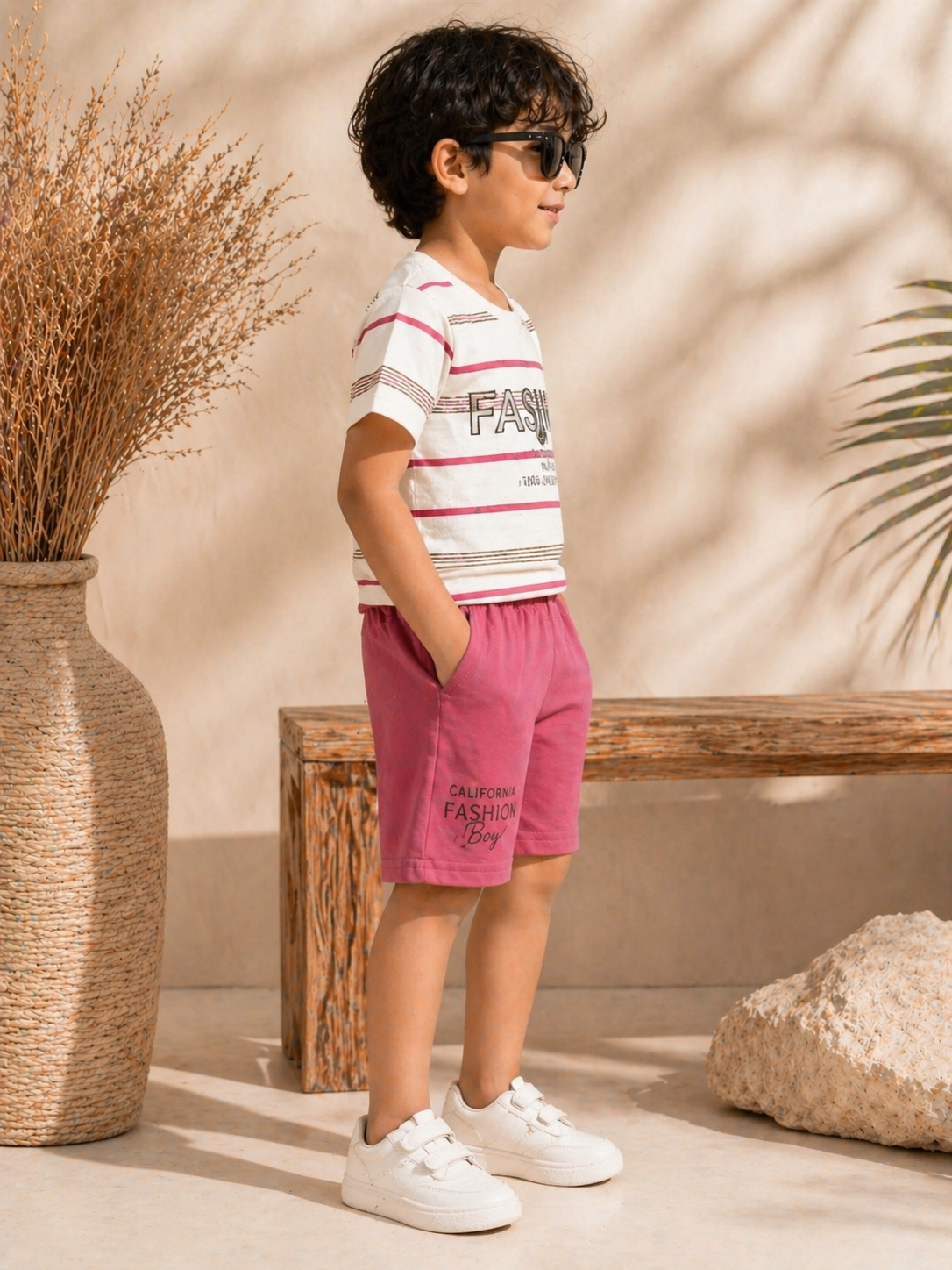 Trendy Boys Casual Co-Ord Set – Striped Graphic T-Shirt with Pink Shorts - Image 5