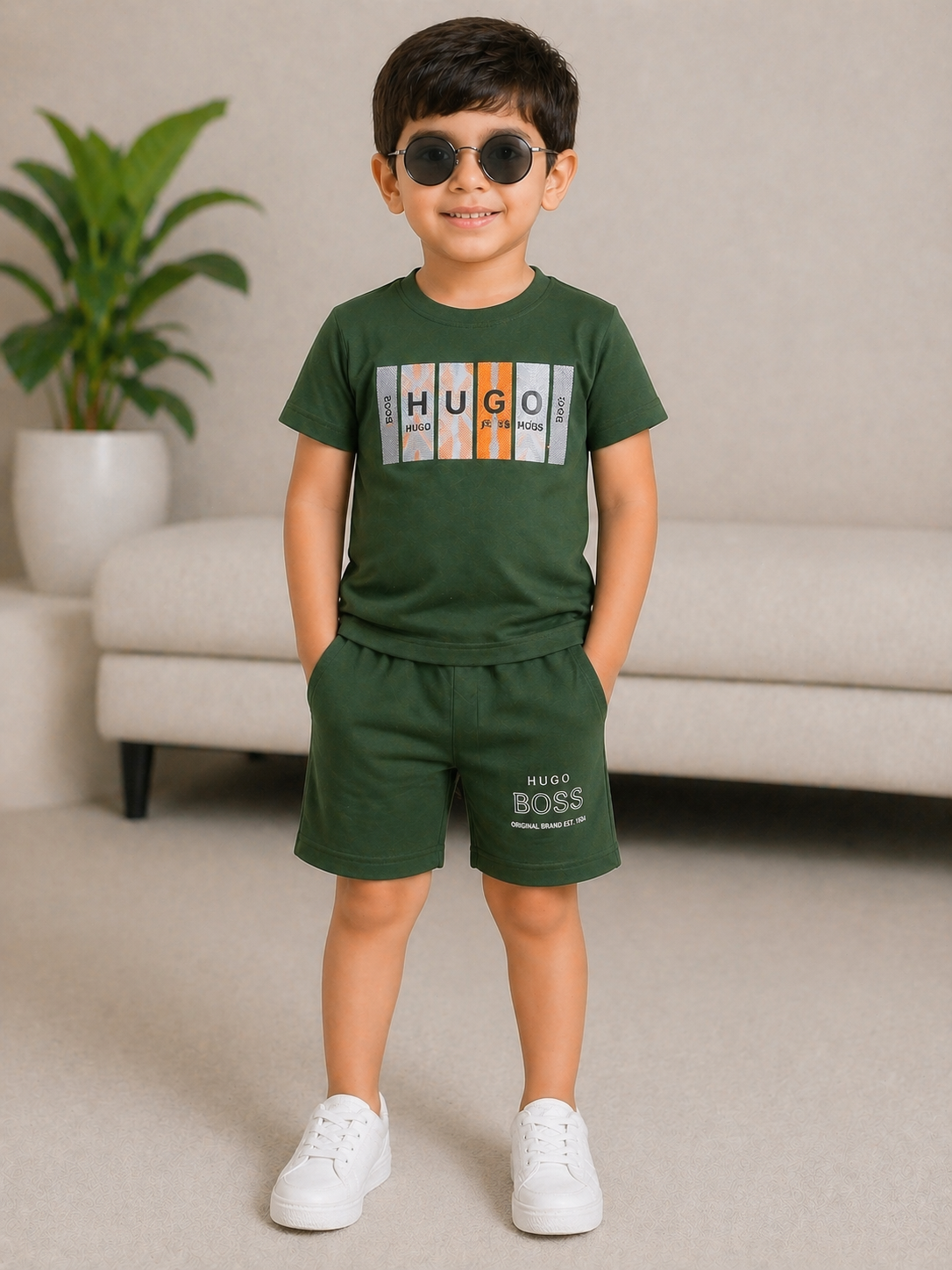 Stylish Boys Green Co-Ord Set – Graphic Printed T-Shirt with Matching Shorts
