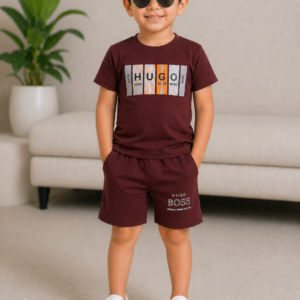 Stylish Boys Maroon Co-Ord Set – Graphic Printed T-Shirt with Matching Shorts